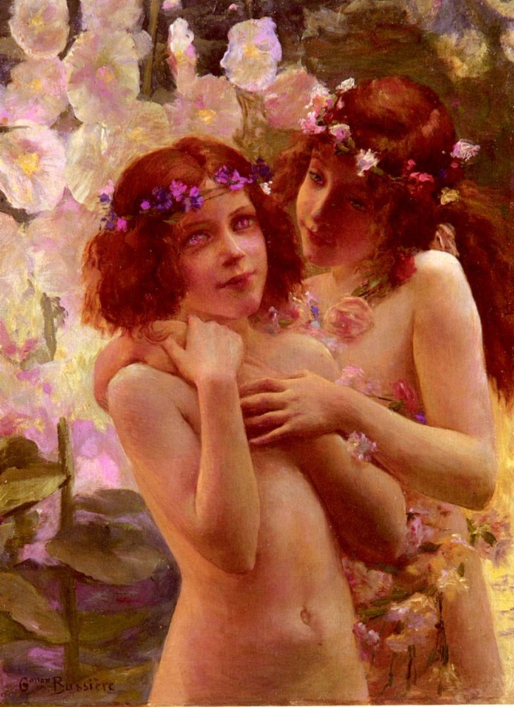 Dwoje dzieci z koronami kwiatów autorstwa Gaston Bussiere