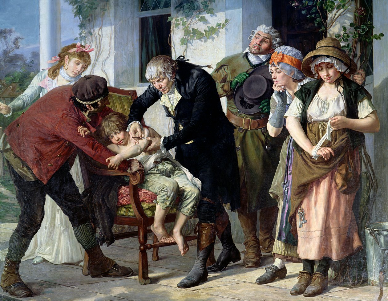 Edward Jenner (1749-1823) przeprowadzający pierwsze szczepienie przeciwko ospie w latach 1796, 1879 (szczegóły) (patrz także 166614) autorstwa Gaston Melingue