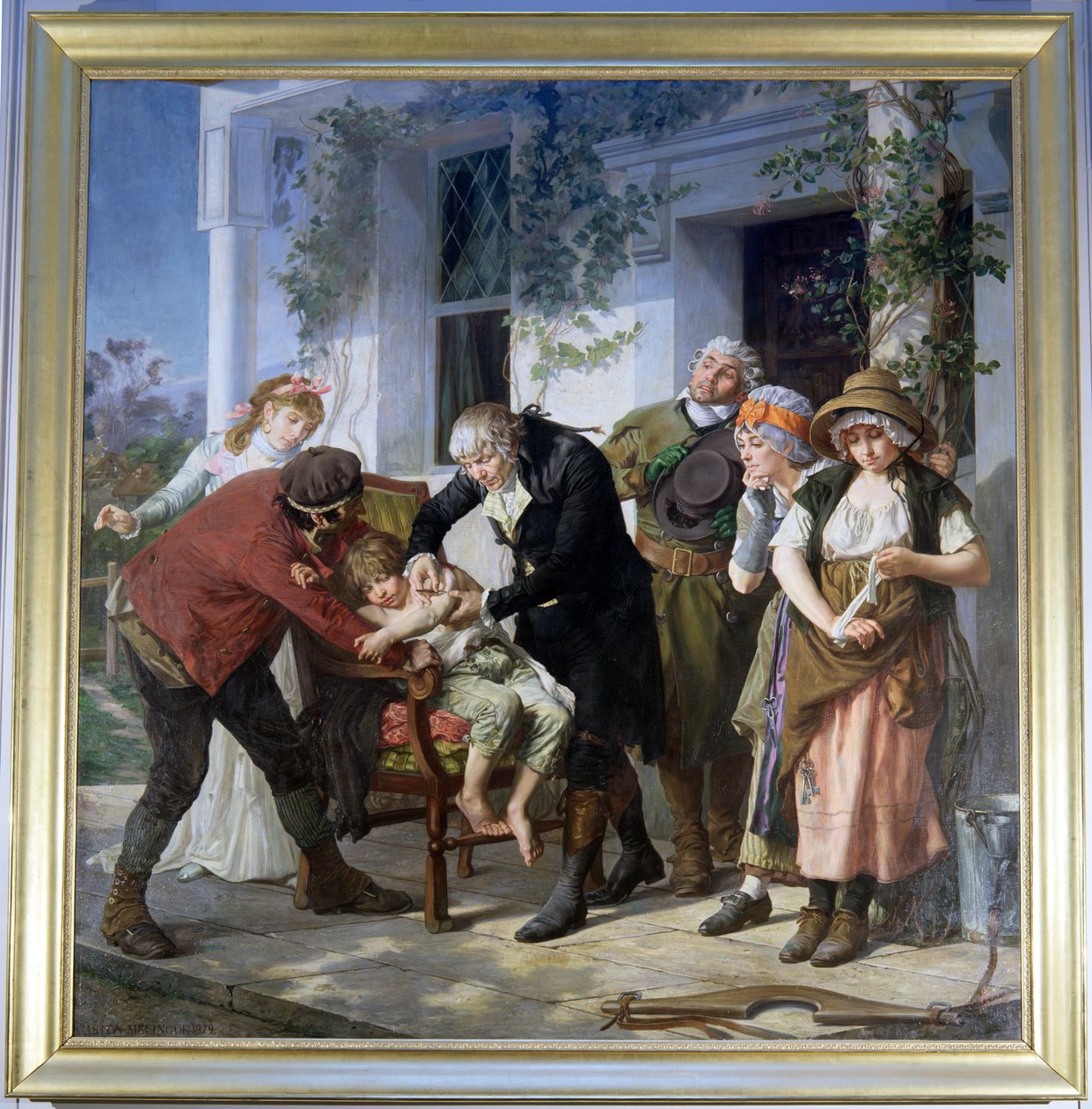 Edward Jenner (1749-1823) przeprowadzający pierwsze szczepienie przeciwko ospie w 1796, 1879 (patrz także 199739) autorstwa Gaston Melingue