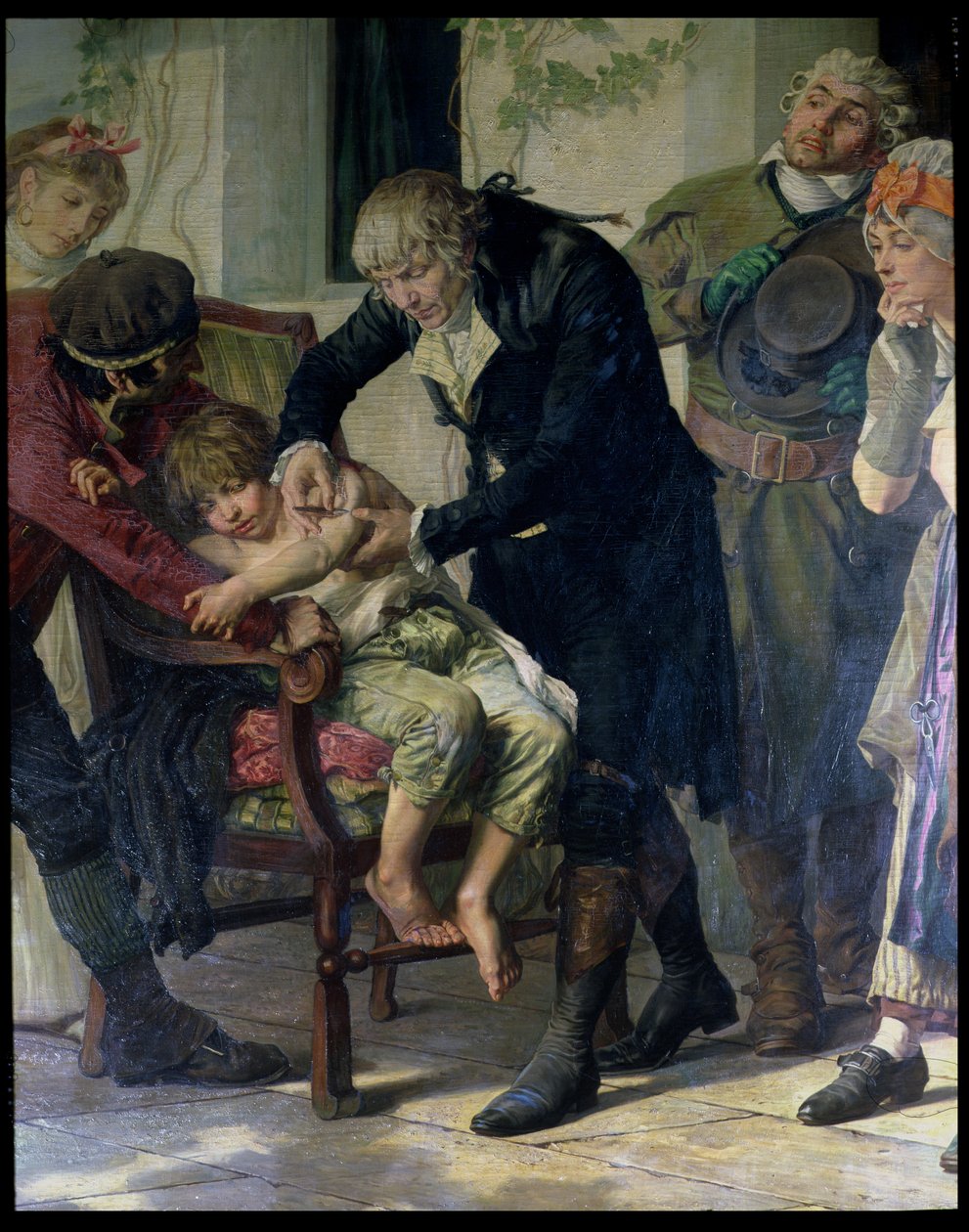 Edward Jenner (1749-1823) przeprowadzający pierwsze szczepienie przeciwko ospie w latach 1796, 1879 (szczegół) autorstwa Gaston Melingue