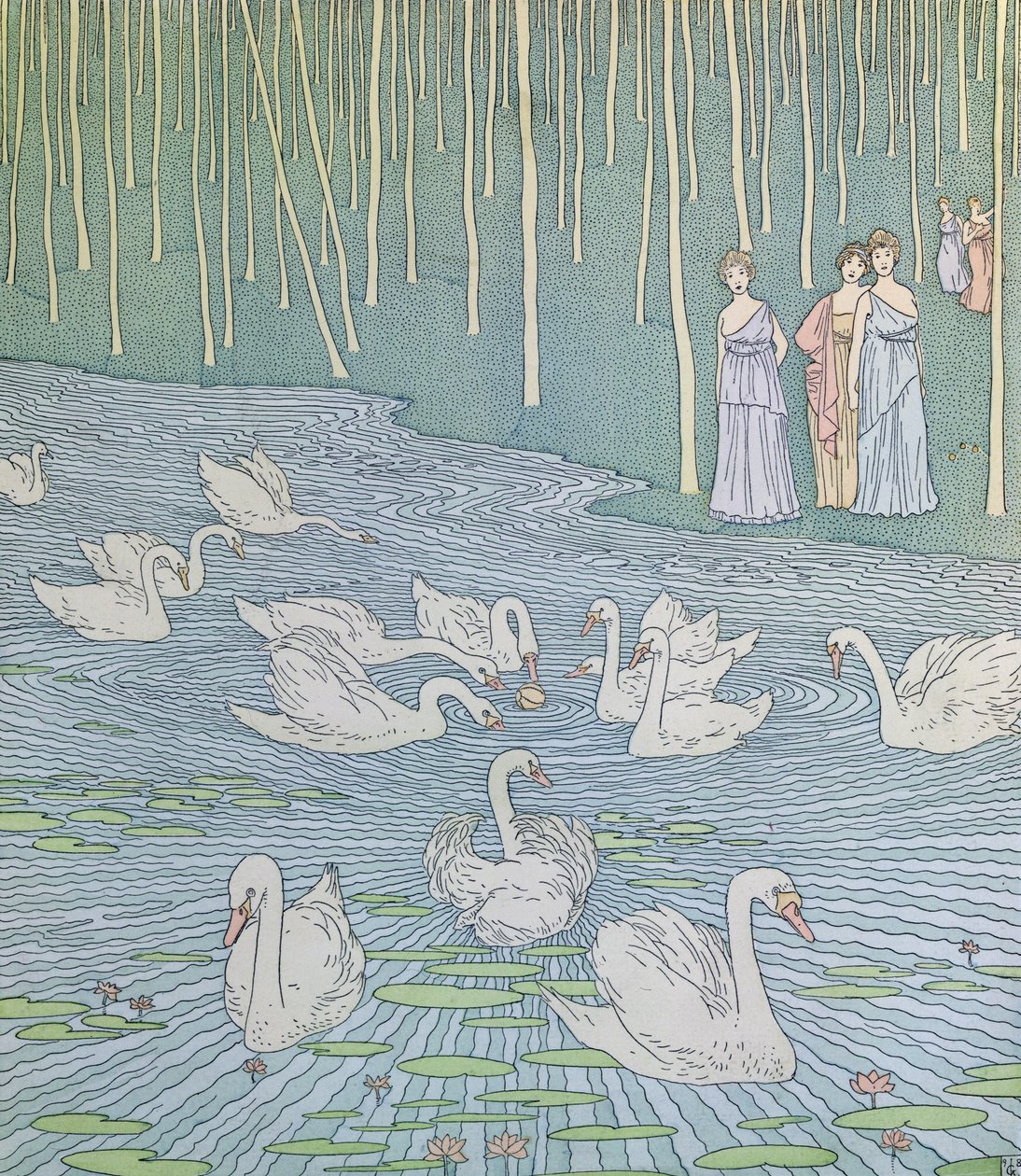 Nausicaa i jej towarzysze bawiące się piłką, ilustracja z księgi 6 Odysei, przekład Lecomte de lIsle, ok. 1900 autorstwa Gaston de Latenay