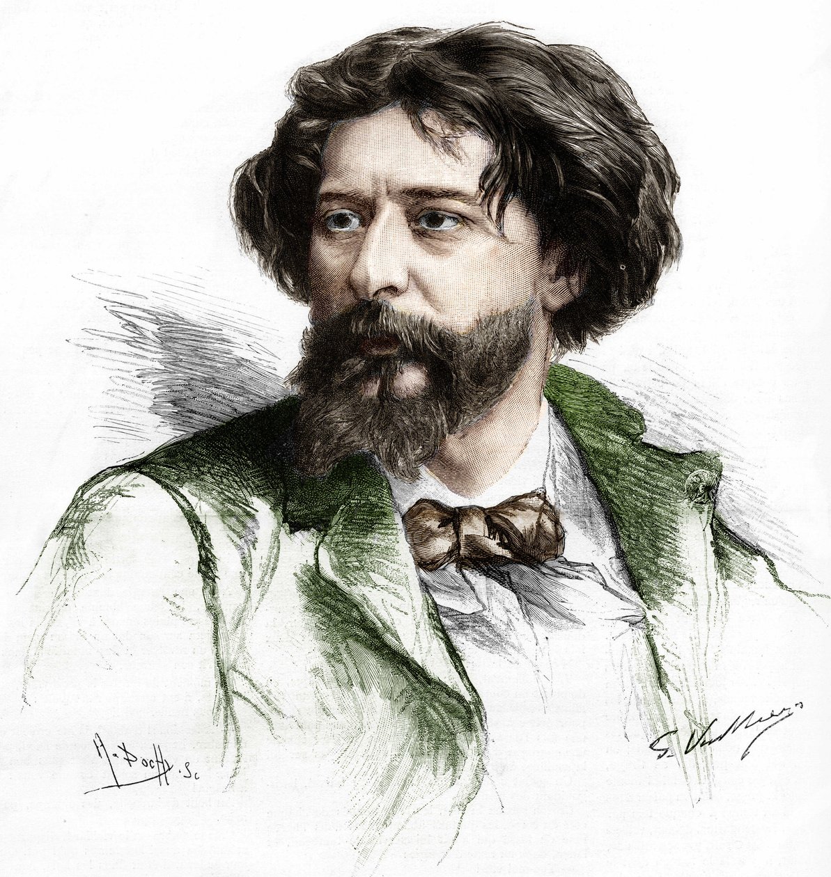 Portret Alphonse Daudeta (1840-1897), francuskiego pisarza. Grawerowanie A. Pochy wg Gastona Vuilliera, sd. koniec XIX wieku. autorstwa Gaston (after) Vuillier