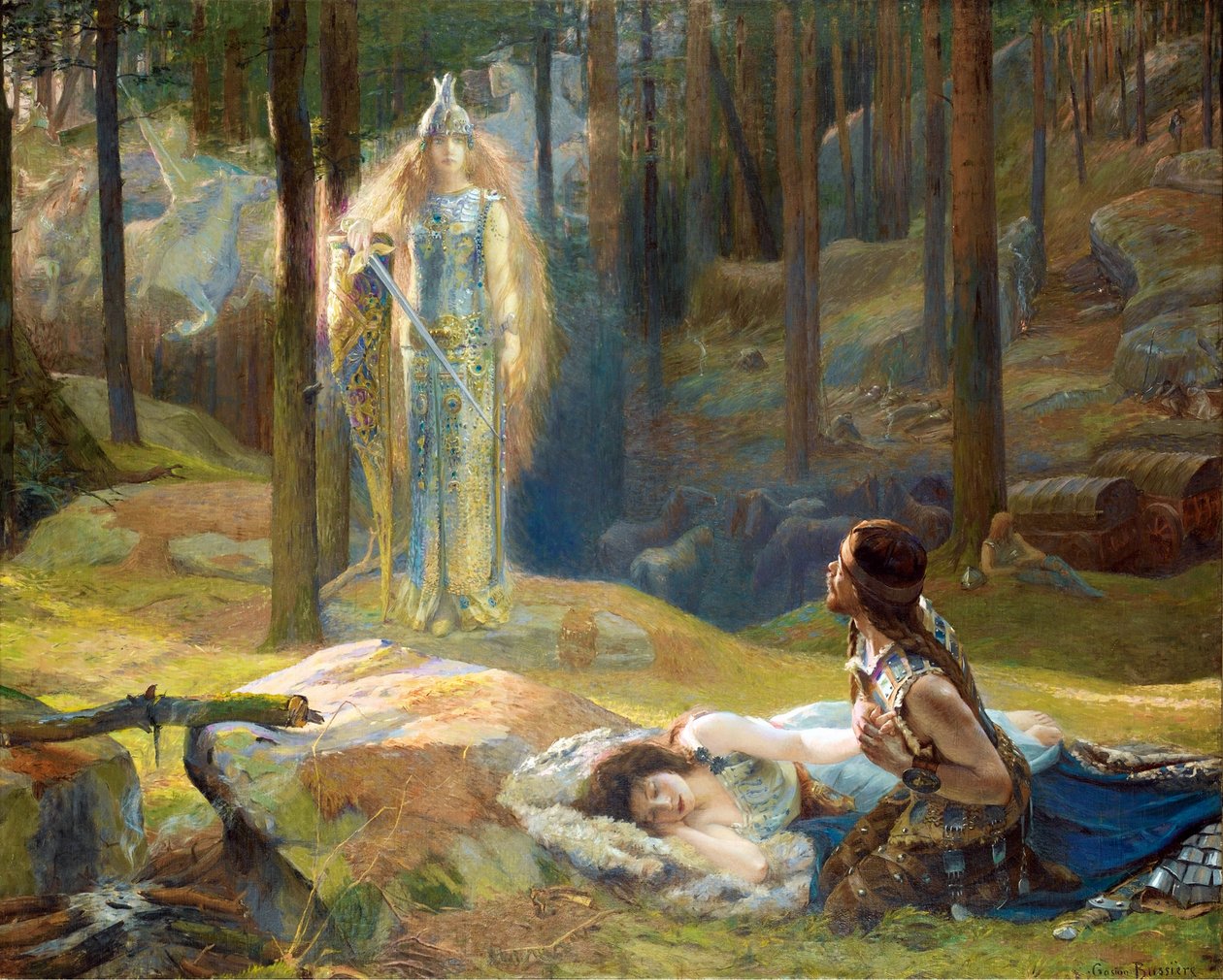 La objawienie, Brunhilda (Brunehilda, Brynhildr) decouvrant Siegmund et Sieglinde - Objawienie. Brunhilda widząc Siegmunda i Sieglinde przez Bussiere, Gaston (1862-1928) autorstwa Gaston Bussiere