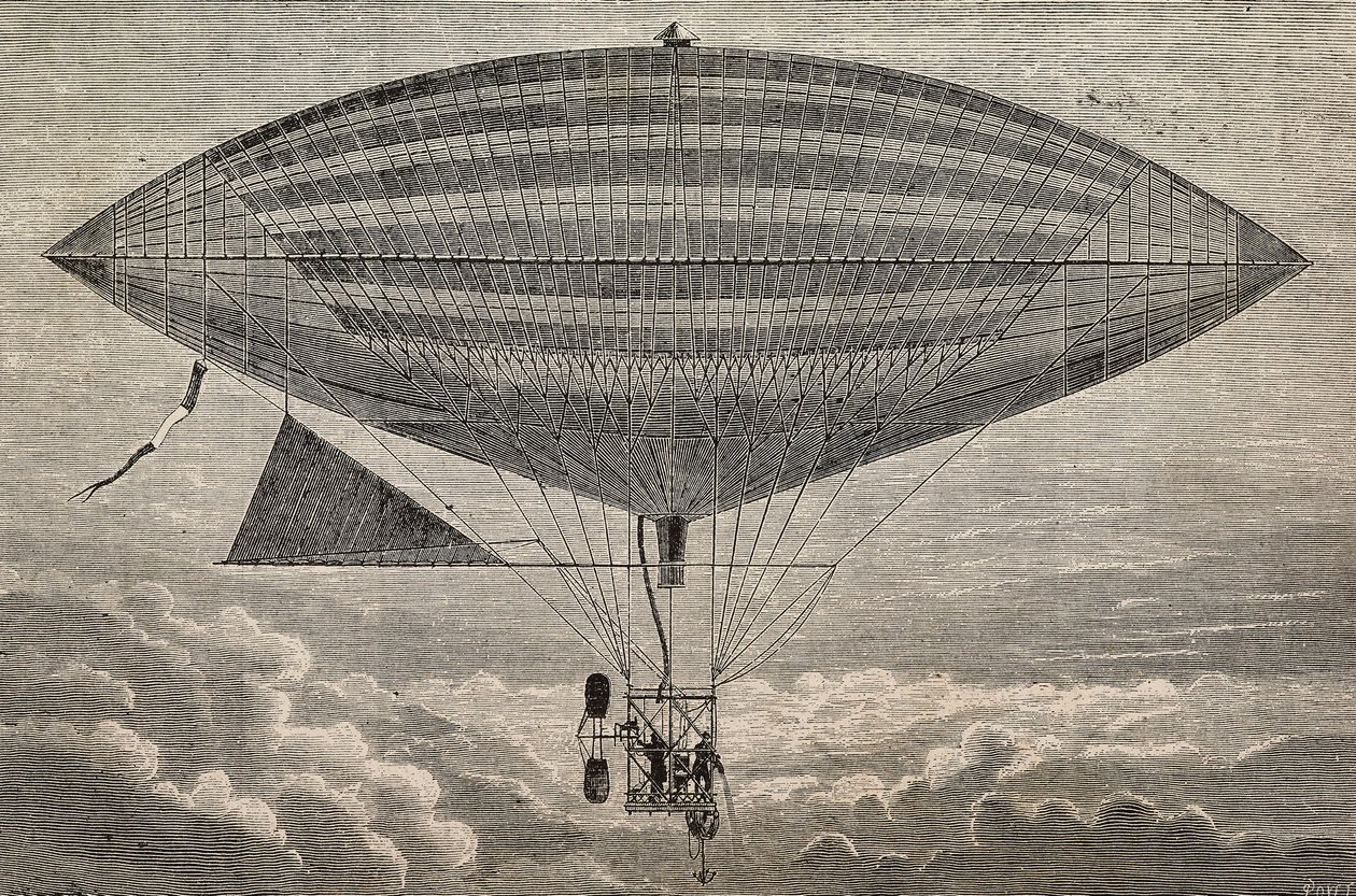 Balon elektryczny ze śmigłem, prototyp autorstwa Gastona (18473-1899) i Alberta Tissandiera (1839-1906), Paryż, Francja, rycina z L