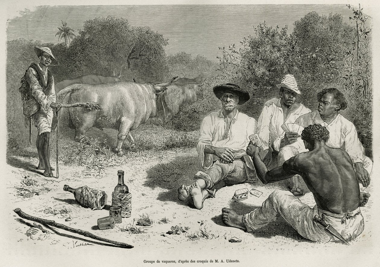 Grupa vaqueros grających w karty i pijących alkohol w pobliżu stad wołów, grawerowana według rysunku G. Vuilliera, ilustrująca historię De Cayenne aux Andes autorstwa Julesa Crevaux, lekarza marynarki francuskiej, w latach 1878-1879, opublikowana w tour du autorstwa Gaston Vuillier
