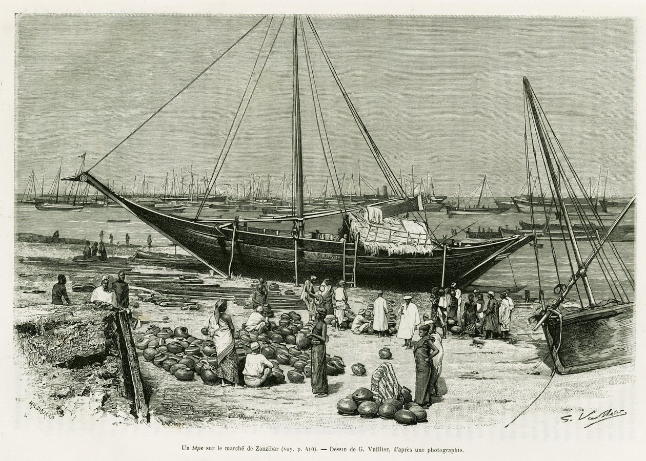 Tepe na targu Zanzibar (Tanzania). Grawer G. Vuillier, aby zilustrować historię Podróż wśród Benadirów, Somalijczyków i Bajoun, w 1882 i 1883, autorstwa G. Revoil, in le tour du monde 1888, reżyseria Edouard Charton (1807-1890), Hachette, Paryż. autorstwa Gaston Vuillier