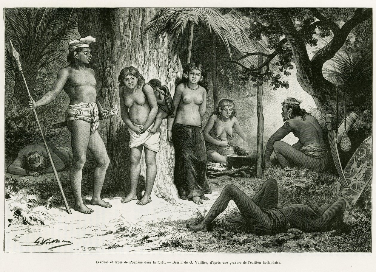 Biwak i rodzaje Płuc w lesie. Grawer G. Vuillier, ilustrujący historię De Koutei a Bandjirmasin, podróż przez Borneo, Carla Bocka, in le tour du monde 1890, reżyseria Edouard Charton (1807-1890), Hachette, Paryż. autorstwa Gaston Vuillier