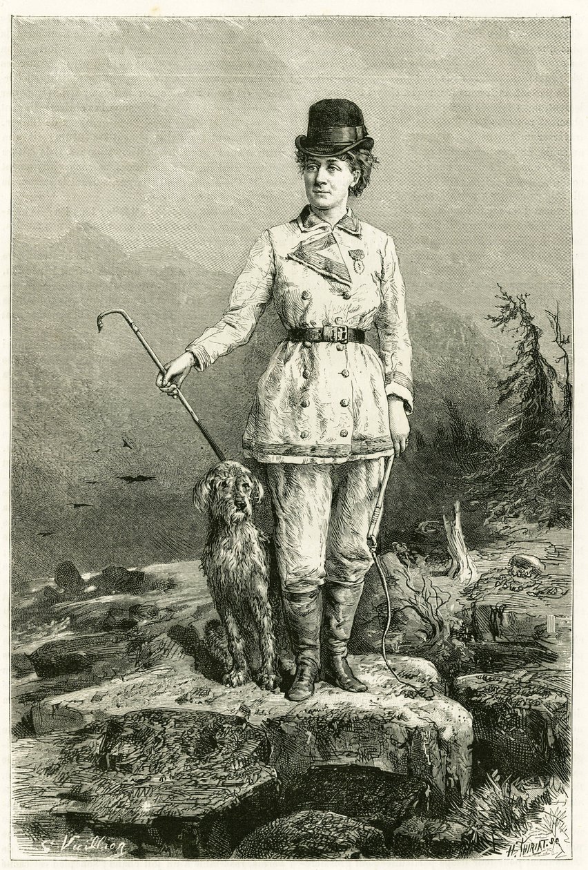 Portret Madame Marie De Ujfalvy-Bourdon, w stroju podróżnym, z psem, poślubiona etnologowi językoznawcy i odkrywcy Charlesowi Eugene