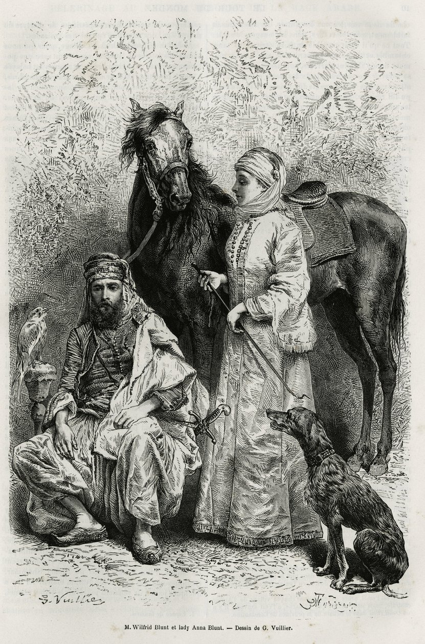 Portrety Wilfrida Blunta (1840-1922), poety i pisarza, oraz jego żony, Lady Anny Blunt (z domu King Noel (King Noel) 1837-1917), pierwszej Europejki, która zwiedziła Bliski Wschód, ubrana w podróżny garnitur , przed jednym z koni arabskich w ich stajniach autorstwa Gaston Vuillier