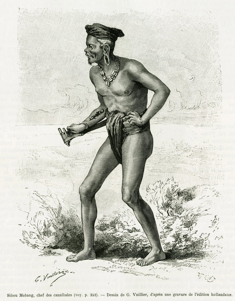 Sibou Mobang, głowa kanibali. Grawer G. Vuillier, ilustrujący historię De Koutei a Bandjirmasin, podróż przez Borneo, Carla Bocka, in le tour du monde 1890, reżyseria Edouard Charton (1807-1890), Hachette, Paryż. autorstwa Gaston Vuillier