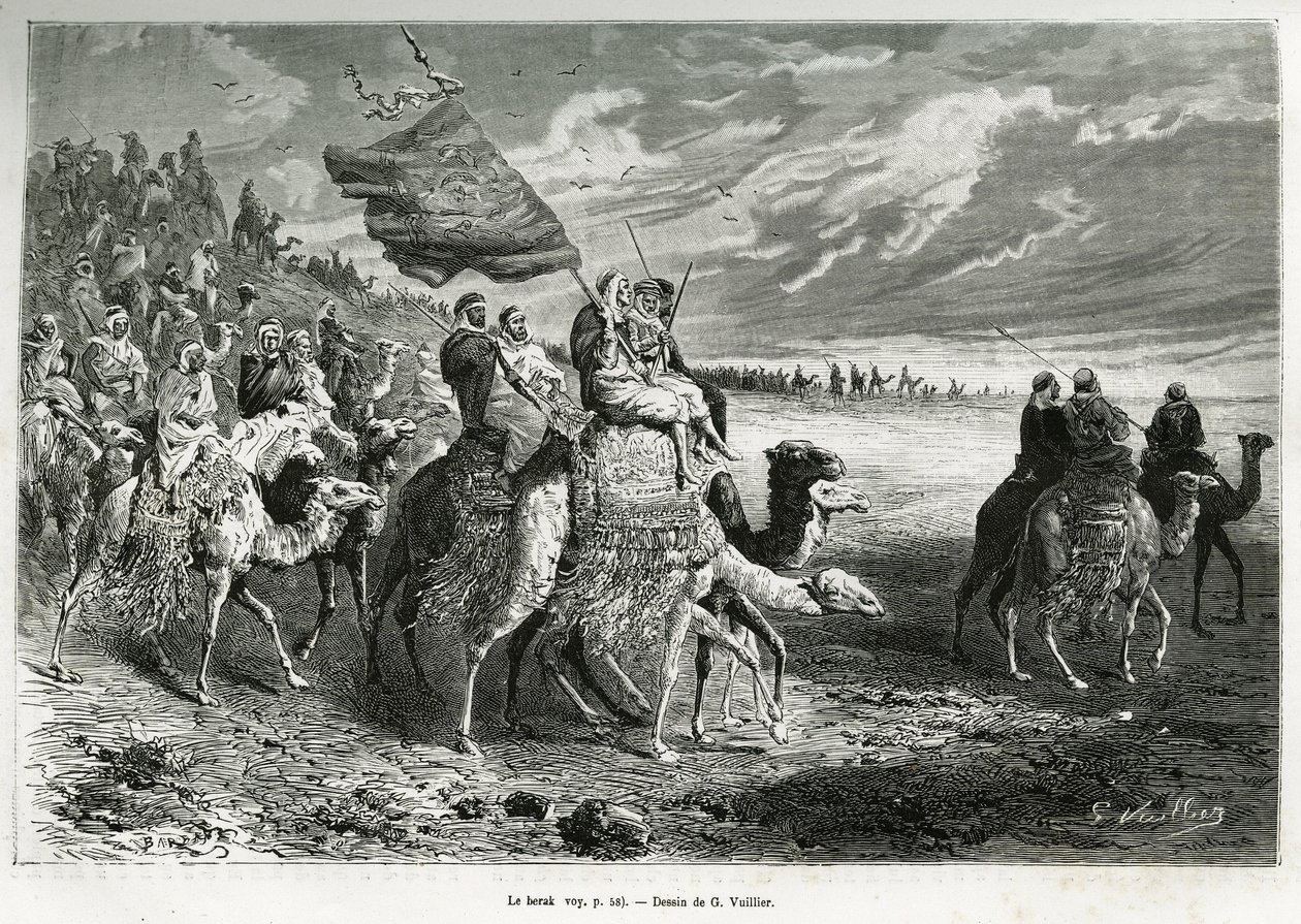 Berak, flaga emira Ibn Al Rashida (1872-1890) (Arabia Saudyjska). Grawer G.Vuillier, ilustrujący historię „”Pelerinage au Nedjed, kolebka rasy arabskiej””, autorstwa Lady Anny Blunt, w latach 1878-1879, opublikowany w Tour du monde, pod kierunkiem autorstwa Gaston Vuillier