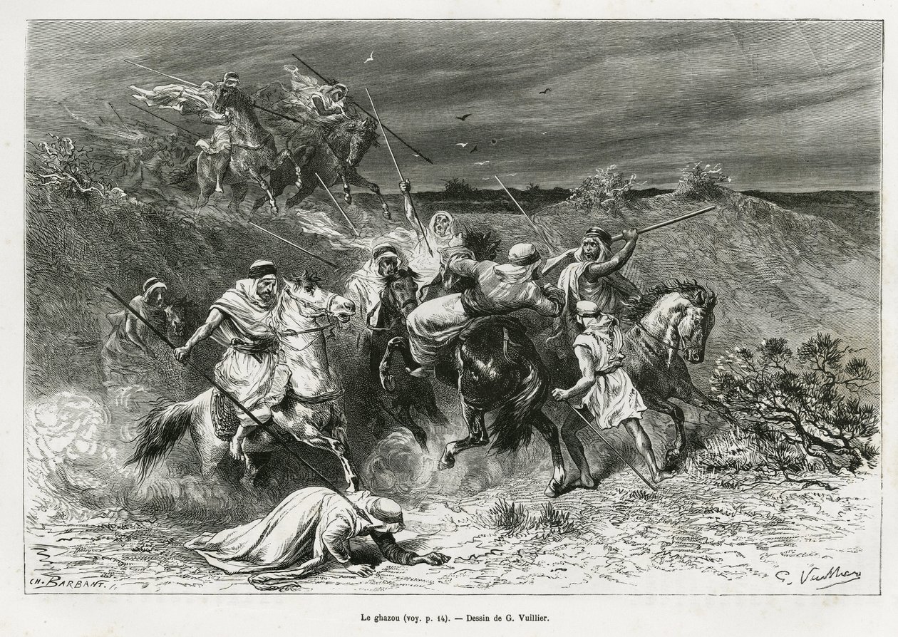 Ghazou, czyli razzia, plądrują ręką. Grawer G.Vuillier, ilustrujący historię „”Pelerinage au Nedjed, kolebka rasy arabskiej””, autorstwa Lady Anny Blunt, w latach 1878-1879, opublikowany w Tour du monde, pod kierownictwem Edouarda Chartona (1807- autorstwa Gaston Vuillier