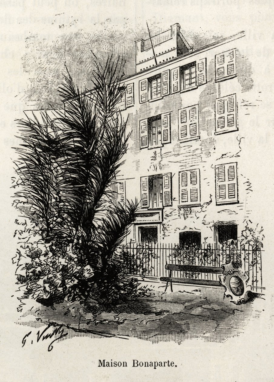 Fasada domu Bonaparte, w którym nie ma Napoleona Bonaparte (1769-1821). Grawer i opowiadanie „La Corse” Gastona Vuilliera (1845-1915), w 1890 r. w Le tour du monde, nouveau journal des voyages, pod kierunkiem Edouarda Chartona (1807-189) autorstwa Gaston Vuillier
