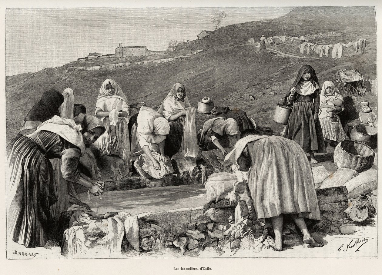 Lawenda z Osilo (Włochy), kobiety zebrały się wokół basenu. Grawer i opowiadanie „La Sardaigne” Gastona Vuilliera (1845-1915), w 1890 r. w Le tour du monde, nouveau journal des voyages, pod kierunkiem Edouarda Chartona (1807-1890), 2. semestr autorstwa Gaston Vuillier