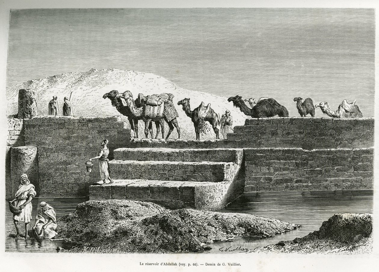 Zbiornik Abdallah (Arabia Saudyjska). Grawer G.Vuillier, ilustrujący historię „”Pelerinage au Nedjed, kolebka rasy arabskiej””, autorstwa Lady Anny Blunt, w latach 1878-1879, opublikowany w Tour du monde, pod kierownictwem Edouarda Chartona (1807- 18 autorstwa Gaston Vuillier