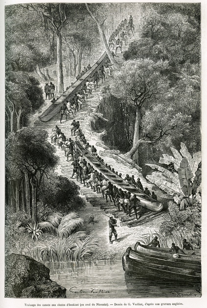 Tragging kajaki w Innkissi Falls (lub Livingstone Falls) (Kongo), pod kierunkiem Sir H.M. Stanleya (1841-1904), rys. G.Vuillier, aby zilustrować historię „Przez tajemniczy kontynent” – podróż odbytą w latach 1874 -1877, przez Sir H.M. Stanleya. mi autorstwa Gaston Vuillier