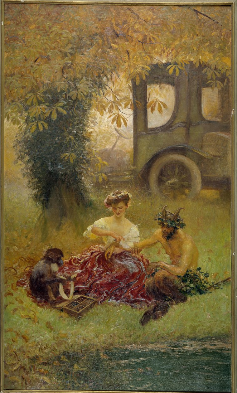 Młoda kobieta w asyście małpy leczy dziką przyrodę (obraz) autorstwa Gaston de la Touche