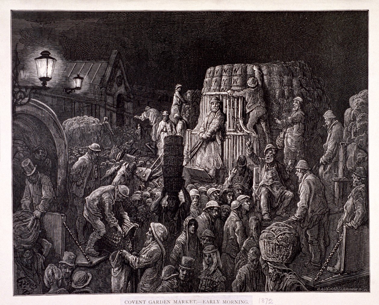 „Targ Covent Garden – wczesny poranek”, 1872 r. autorstwa Gauchard Brunier