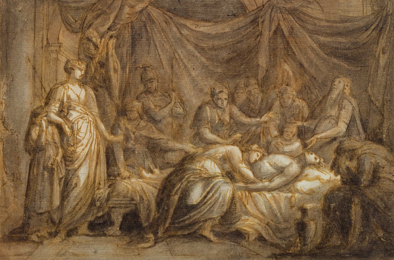 Andromacha opłakująca śmierć Hektora, 1760-63 (pióro i atrament i pranie na papierze) autorstwa Gavin Hamilton