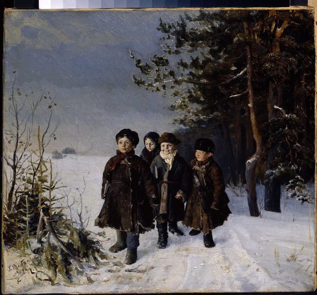 Powrót ze szkoły - Obraz Gavriila Fiodorowicza Rybakowa (1859-?), olej na płótnie autorstwa Gavriil Fyodorovich Rybakov