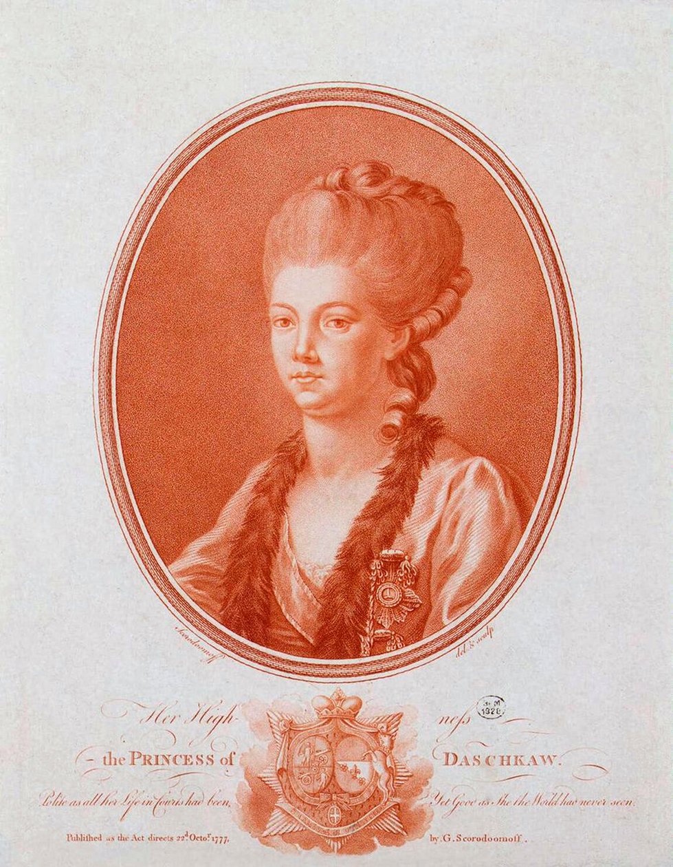 Portret księżniczki Ekateriny Romanovny Vorontsova-Dashkova 1743-1810, 1777. autorstwa Gavriil Ivanovich Skorodumov
