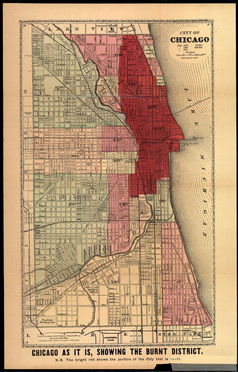 Chicago takie, jakie jest, pokazując spaloną dzielnicę, z Historii wielkich pożarów w Chicago i na Zachodzie autorstwa Edgara Johnsona Goodspeeda, opublikowane w Chicago, 1871 (litografia ręcznie kolorowana) autorstwa Gaylord Watson