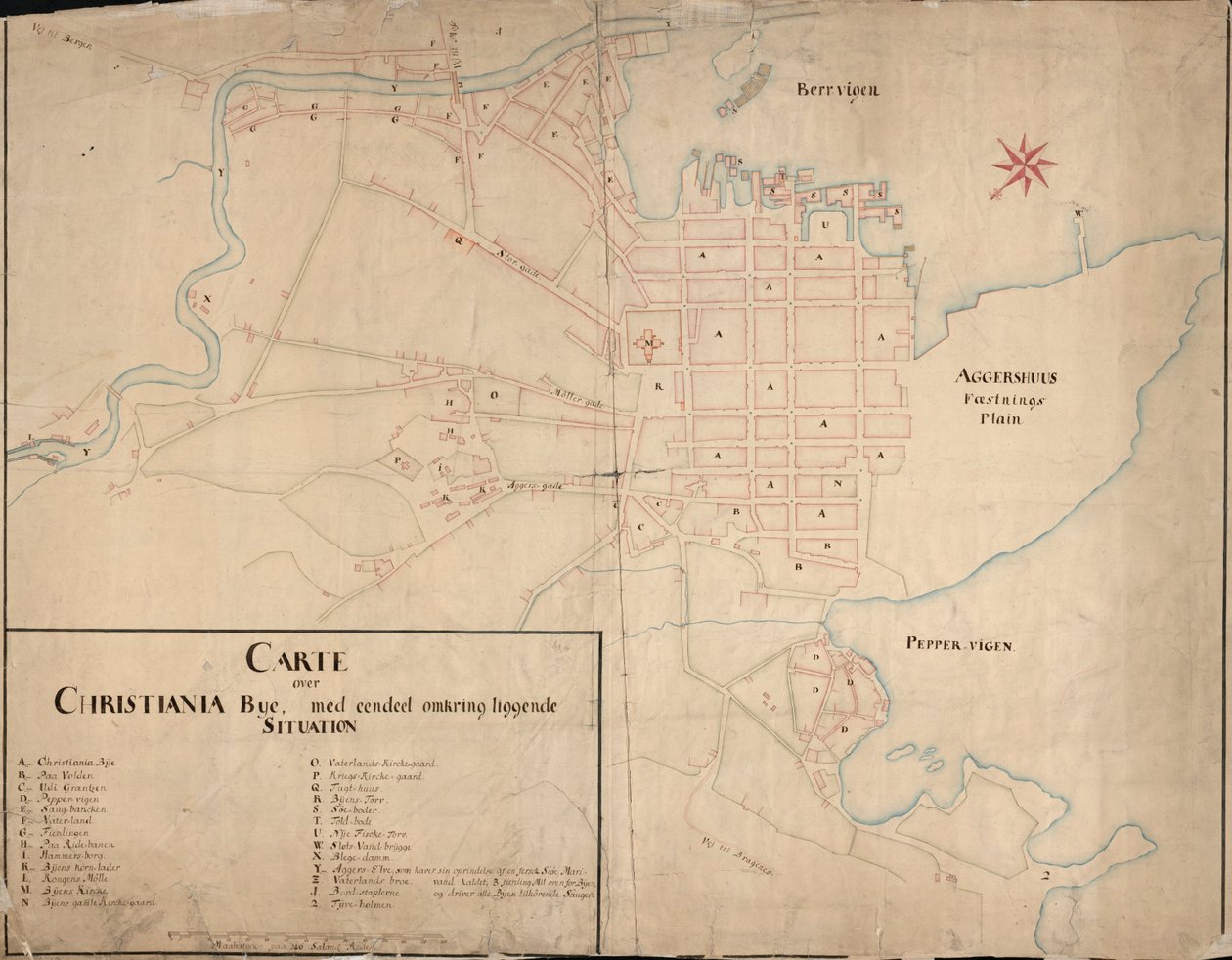 Norweski bokmål: Mapa z kolekcji map Biblioteki Narodowej. Mapa została opublikowana w Håndtegnet (1649) i pokazuje Christiania autorstwa Geelkerck