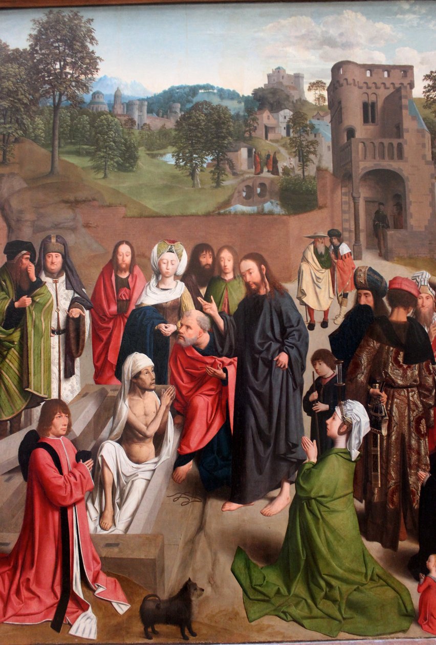 Holenderski:  De opwekking van Lazarus Wskrzeszenie Łazarza z parą darczyńców z córką autorstwa Geertgen Tot sint Jans