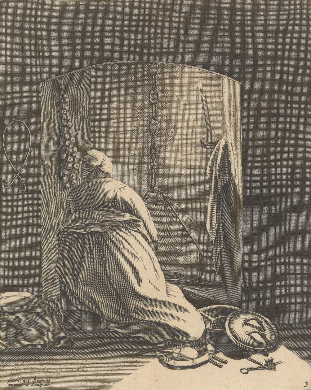 Gotująca kobieta, płyta 3 z Pięciu kobiecych zawodów, ok. 201 1640-57., ca. 1640-57. autorstwa Geertruydt Roghman