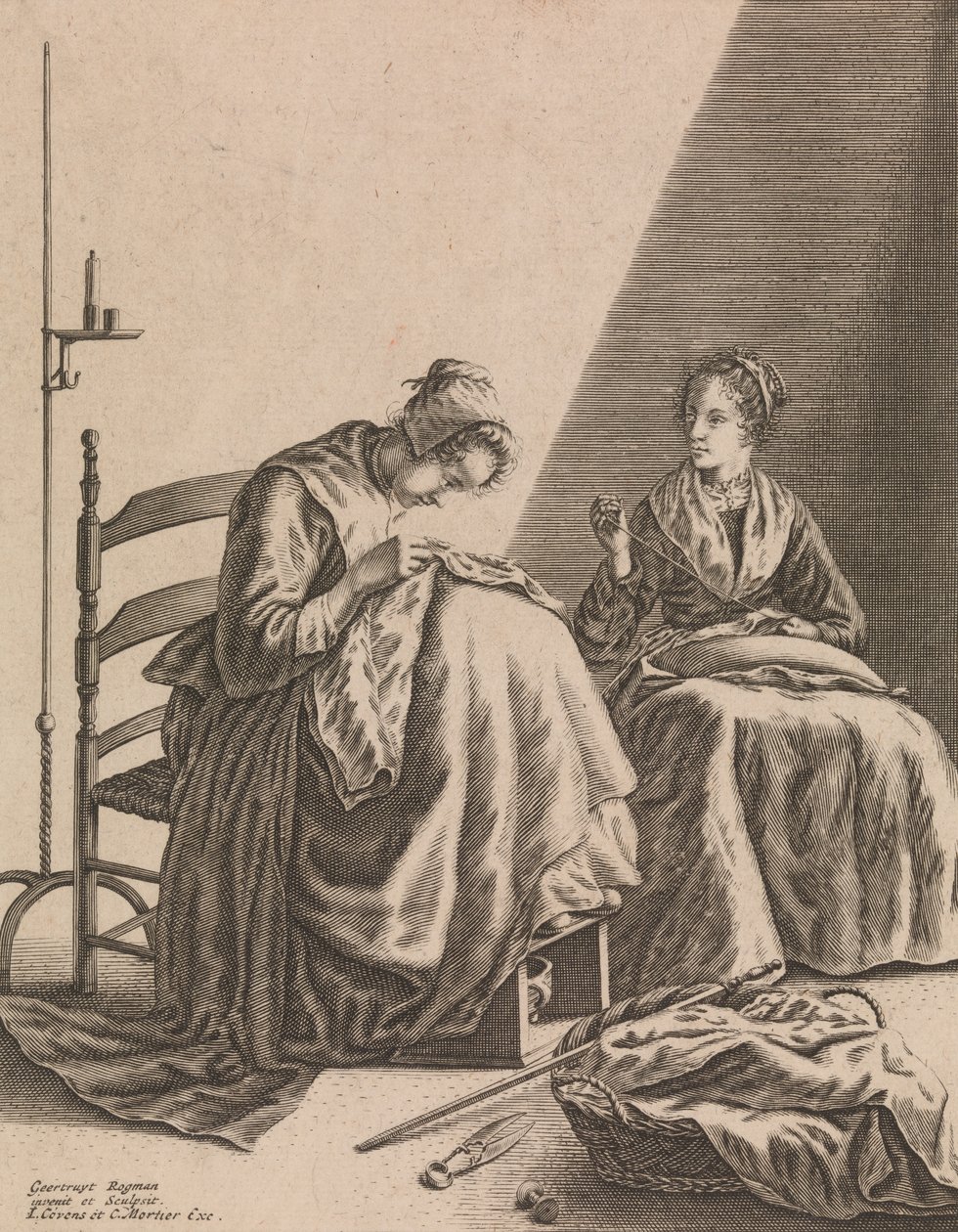 Szycie dwóch kobiet, płyta 1 z pięciu kobiecych zawodów, ca. 1640-57. autorstwa Geertruydt Roghman