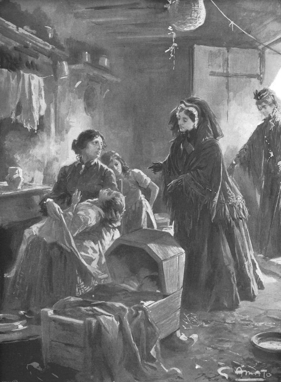 „Królowa Wiktoria i biedni: Jej Wysokość odwiedza domek na wsi”, 1901. autorstwa Gennaro Amato