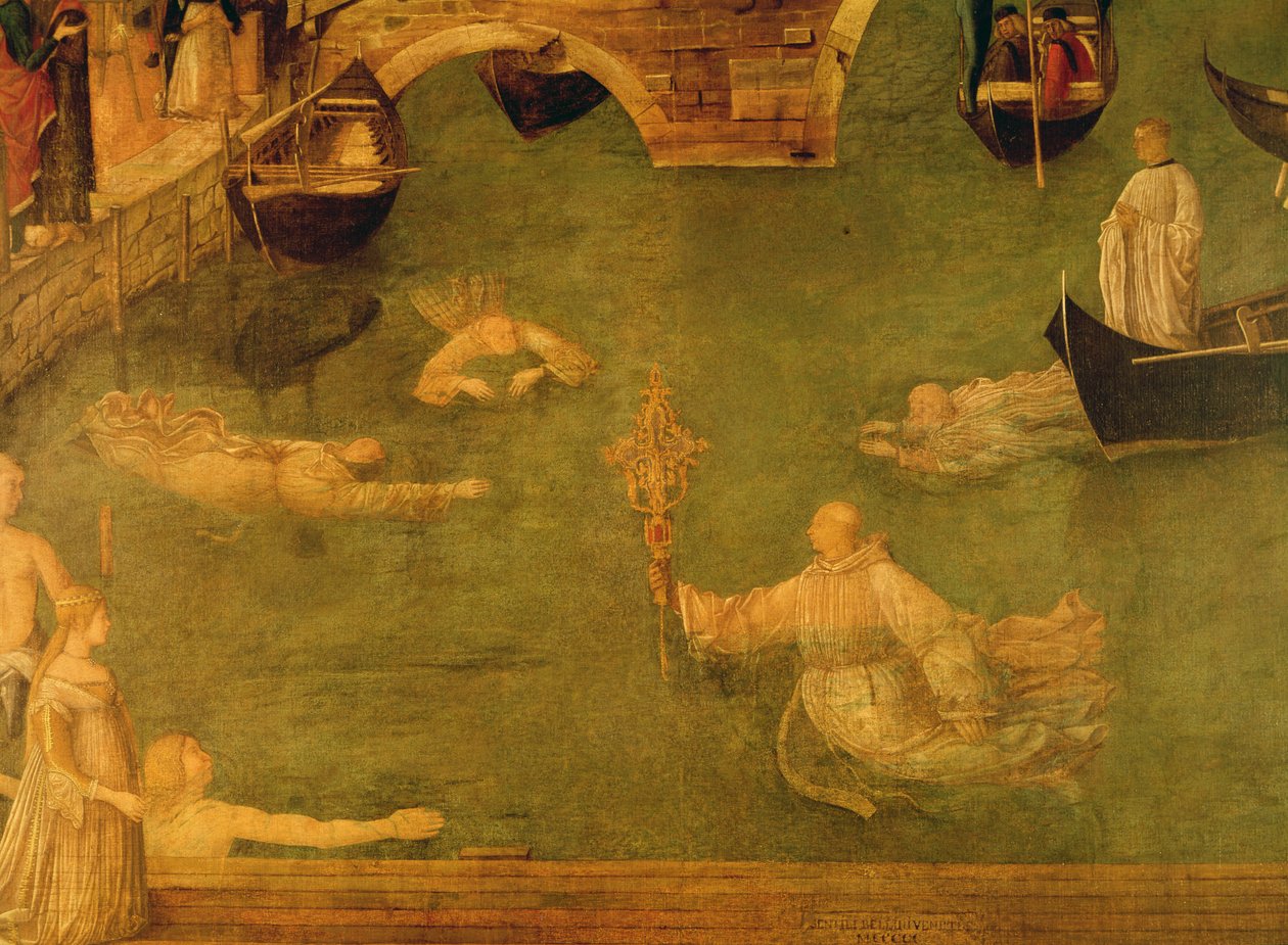 Cud Krzyża na Moście S. Lorenzo, fragment pływających mnichów, 1500 tempera na płótnie autorstwa Gentile Bellini