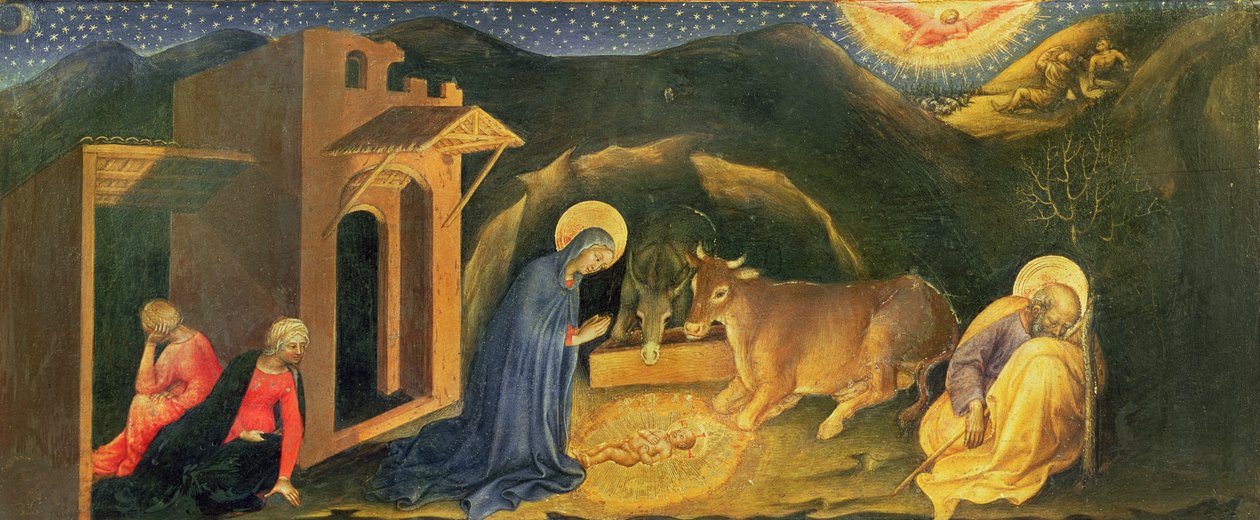 Adoracja Ołtarza Trzech Króli, lewa predella Narodzenia Pańskiego, 1423 (tempera na desce) autorstwa Gentile da Fabriano