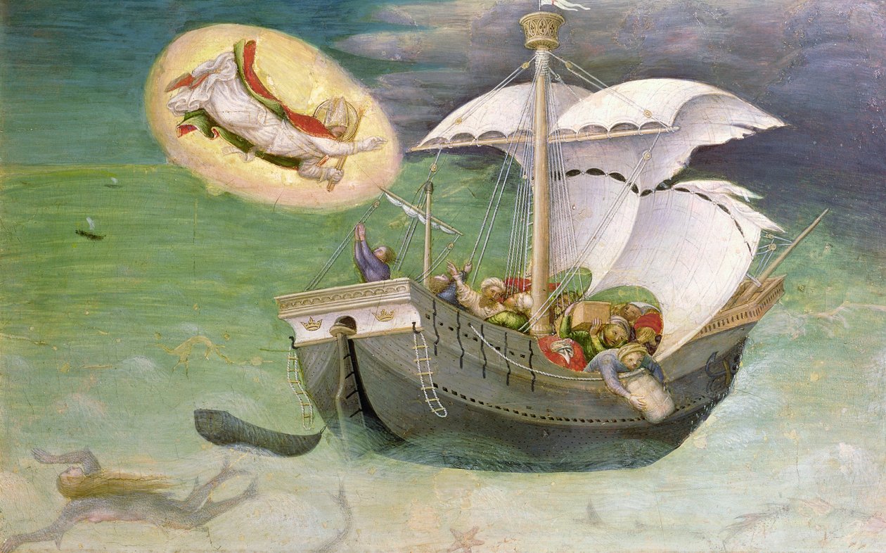 Św. Mikołaj ratuje statek z wraku, panel predella z Ołtarza Quaratesi, 1425 (tempera na panelu) autorstwa Gentile da Fabriano
