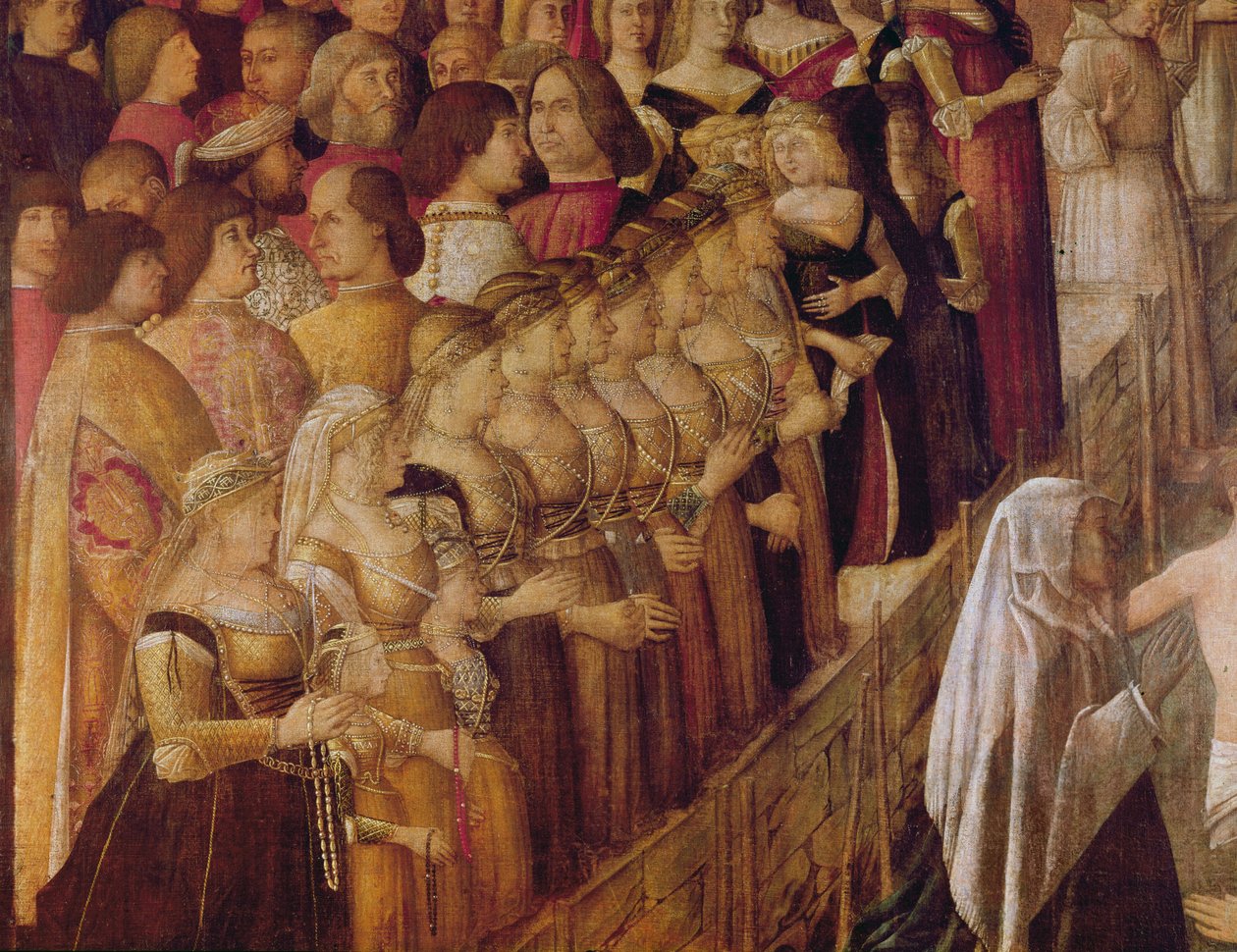 Cud krzyża na moście św. Wawrzyńca, fragment grupy oczekujących pań Katarzyny Cornaro i część tłumu, 1500 (tempera na płótnie) autorstwa Gentile Bellini