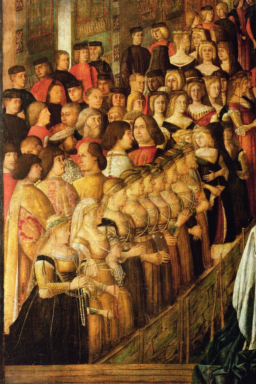 Cud Krzyża na moście San Lorenzo, detal Cateriny Cornaro 1454-1510 i jej Damy, 1500 olej na płótnie, detal z 58302 autorstwa Gentile Bellini