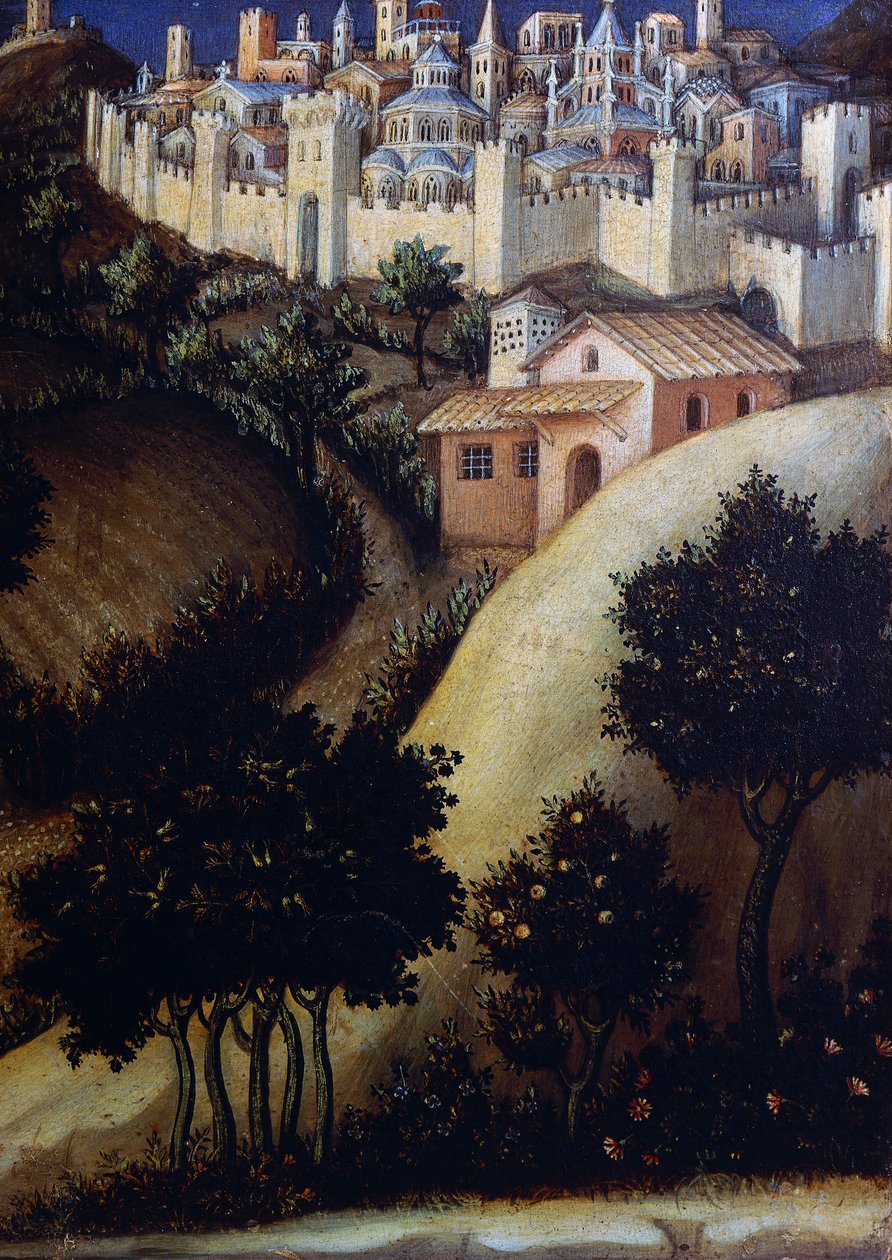 Adoracja Ołtarza Trzech Króli, fragment środkowego panelu predelli w Egipcie autorstwa Gentile da Fabriano