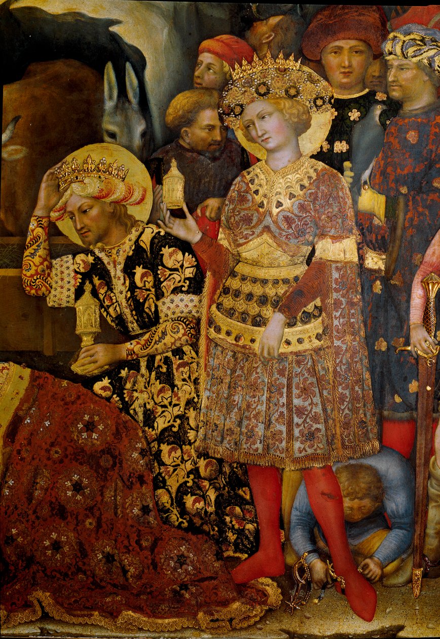 Ołtarz Pokłon Trzech Króli (Pala Strozzi) Detal przedstawiający dwóch królów. Obraz Gentile da Fabriano (Gentile di Niccolo) (1370-1427) 1423 Nd. 173x220 cm. Tempera na drewnie. Florencja, Galleria degli Uffizi (Uffizi) autorstwa Gentile da Fabriano