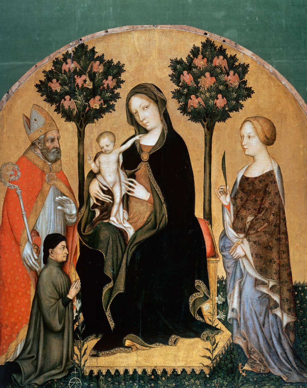 Madonna z Dzieciątkiem i św. Katarzyną, św. Mikołajem i Dawcą (tempera na desce) autorstwa Gentile da Fabriano