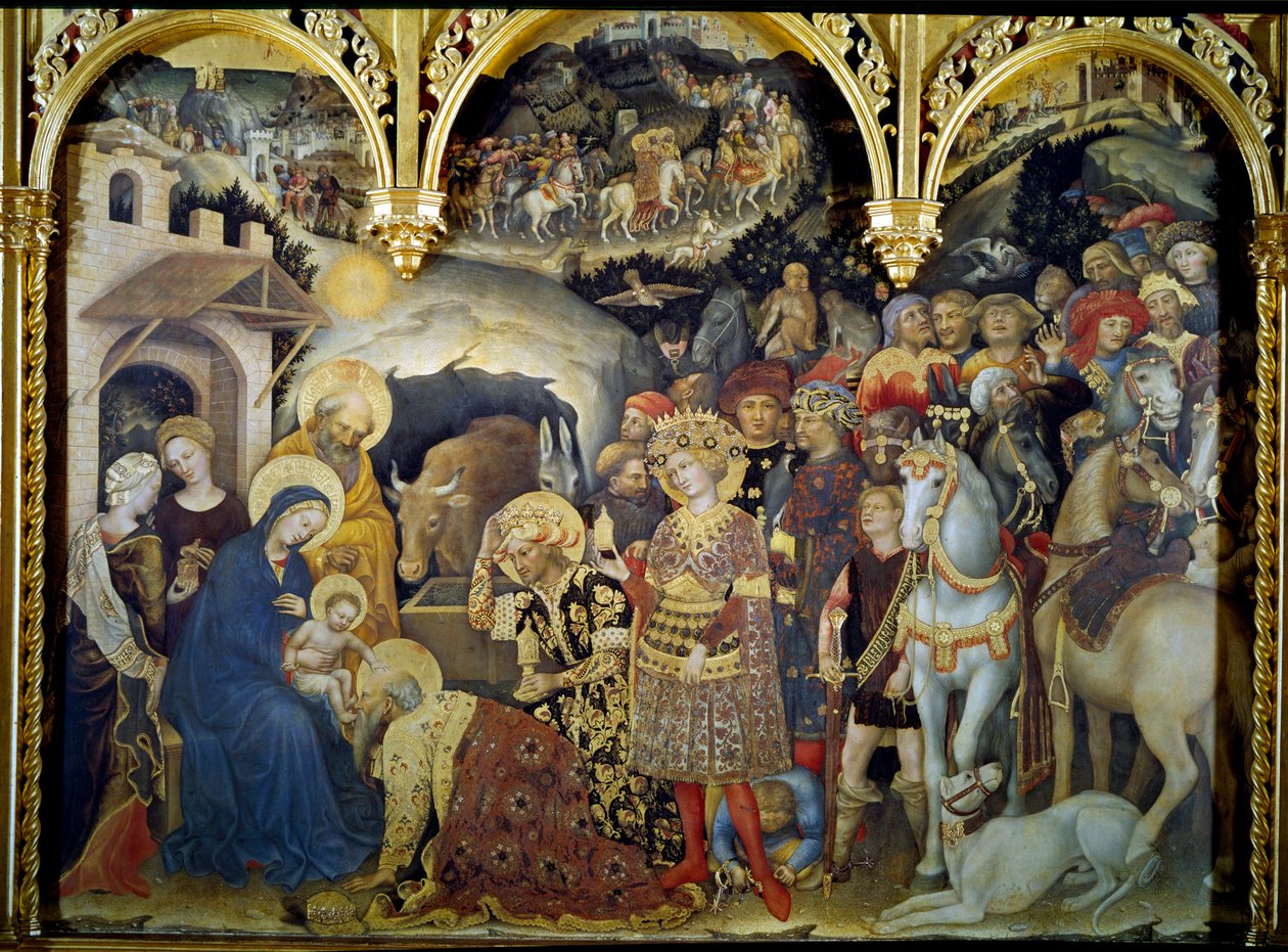 Adoracja Trzech Króli z Detrempe na drewnie przez Gentile da Fabriano (1370-1427) 1423. Nd. 3x2,8 m Florencja, galeria Uffizi. autorstwa Gentile da Fabriano
