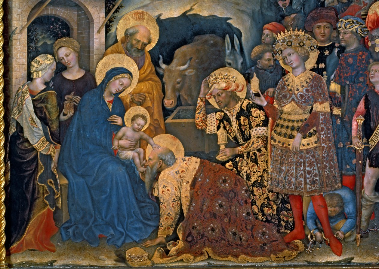 Adoracja Trzech Króli, fragment Matki Boskiej z Dzieciątkiem z trzema królami, 1423 tempera na panelu autorstwa Gentile da Fabriano