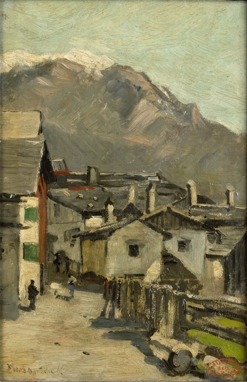Domy przy drodze w pobliżu góry (Innsbruck?) autorstwa Geo Poggenbeek