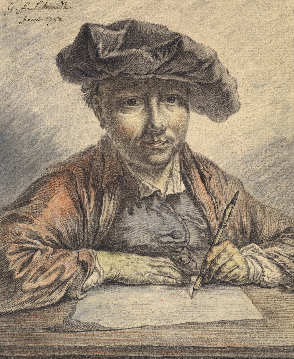 Szkicowanie autoportretu, 1752 (czarno-czerwona kreda z akwarelą, pastelami, długopisem i czarnym tuszem) autorstwa Georg Friedrich Schmidt