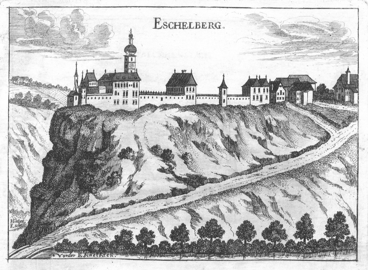 Grawer, widok na zamek Eschelberg autorstwa Georg Matthäus  Vischer