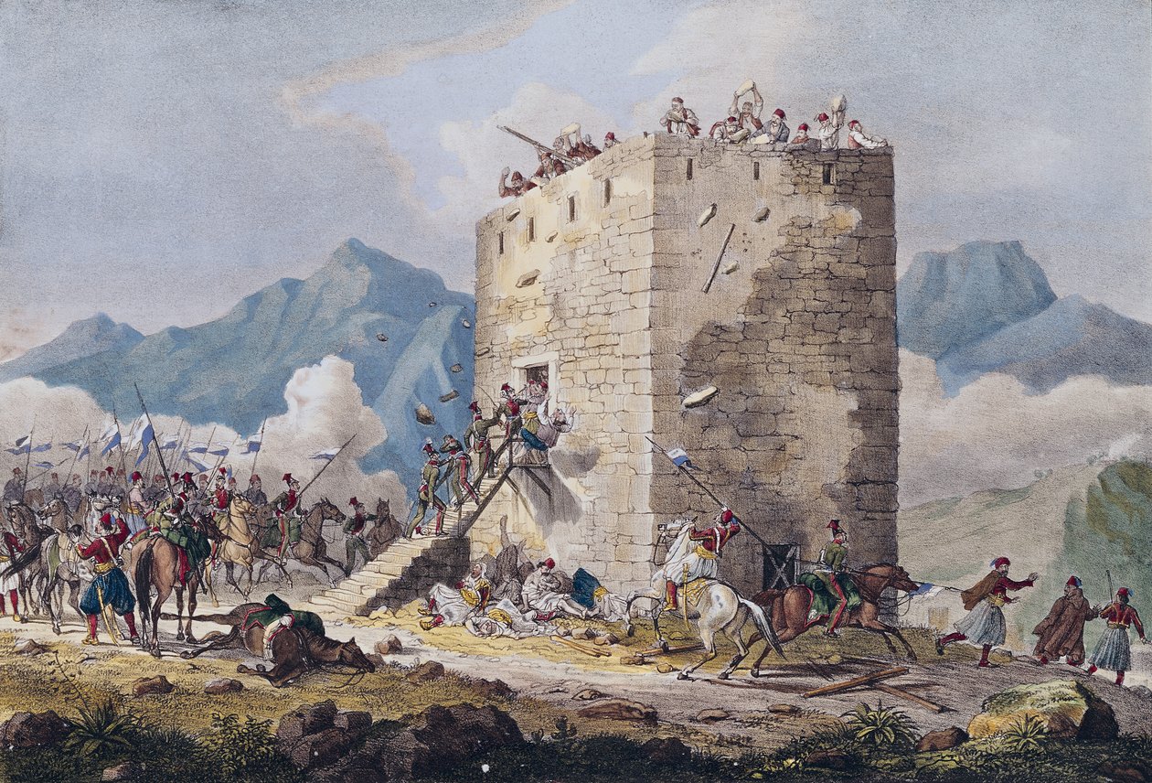 Opór czterdziestu greckich buntowników w wieży w Tebach w 1833 r. autorstwa Georg Melchior Kraus