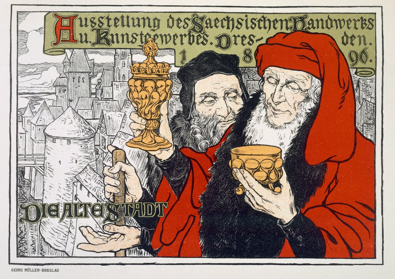 Plakat reklamujący wystawę sztuki i rzemiosła w Dreźnie, Niemcy, która ma się odbyć na Starym Mieście, 1896 r. autorstwa Georg Muller Breslau