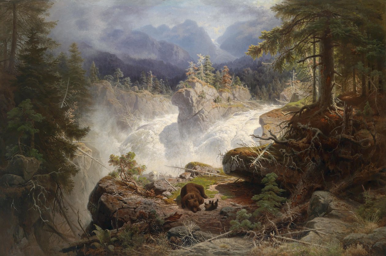 Rodzina niedźwiedzi w rozległym górskim krajobrazie autorstwa Georg Eduard Otto Saal