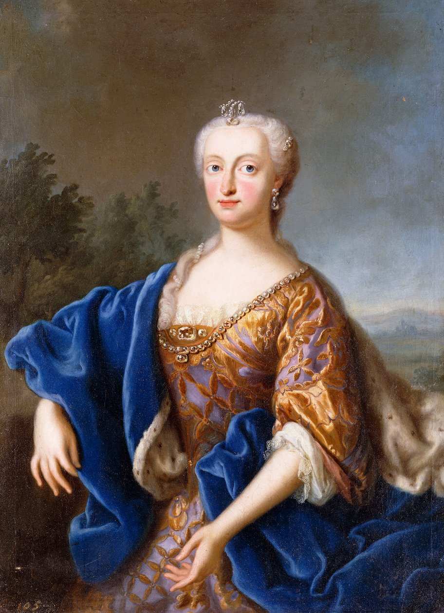 Portret Marii Amalii, stojącej 3/4 długości, w haftowanej sukni (olej na płótnie) autorstwa Georg (circle of) Desmarees