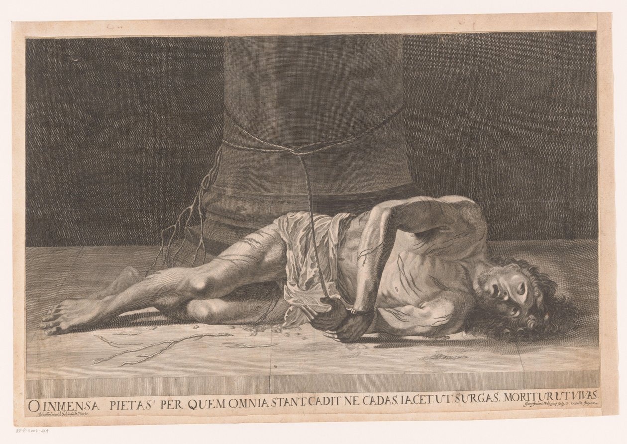 Chrystus na geseling O ogromne miłosierdzie, nad którym wszystko stoi, upada, abyś nie upadł, kładzie się, abyś mógł powstać, umiera, abyś mógł żyć (tytuł na przedmiocie) autorstwa Georg Andreas Wolfgang