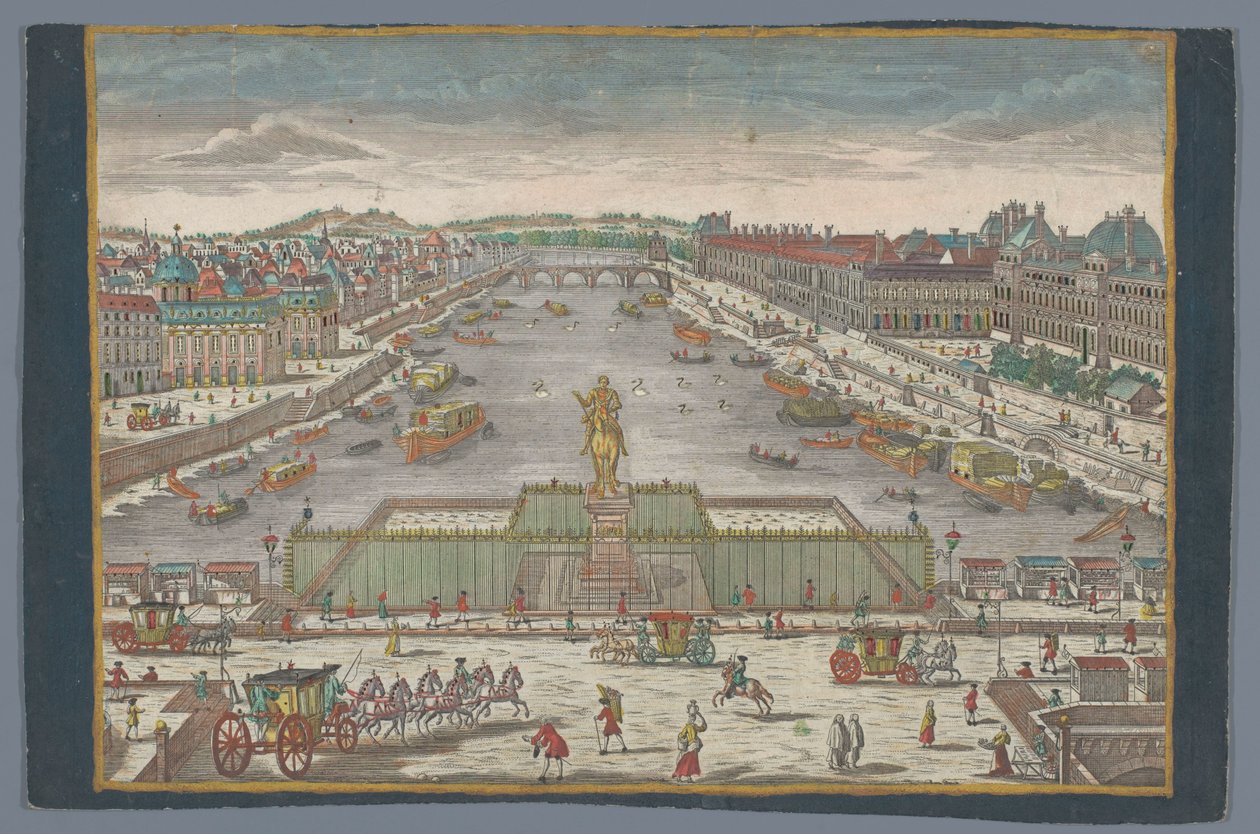 Widok na Pont Neuf nad Sekwaną w Paryżu, w kierunku Pont Royal Gesicht der Neuen Bruck, gegen der Königl. Bruck zu Paris autorstwa Georg Balthasar Probst (possibly)